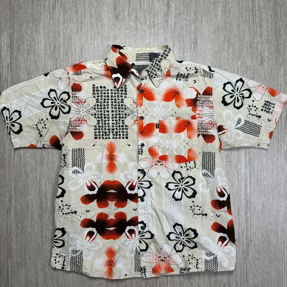 Pineapple Connection Hawaiian Button Up Shirt Orange Blossom Men L Beige Polo - Picture 1 of 6